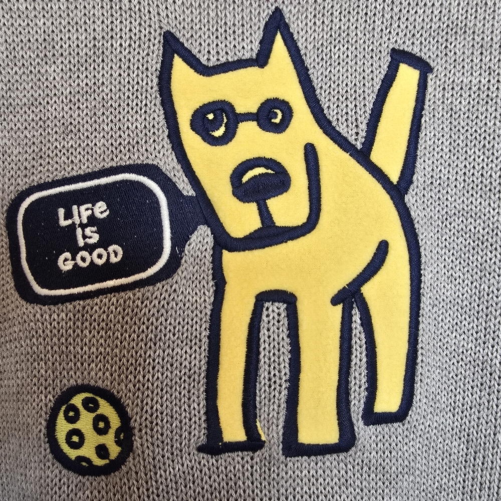 LIFE IS GOOD Women's Knit Sweater Tee Dog Graphic Grey Cotton Pullover Whimsical - Picture 3 of 9